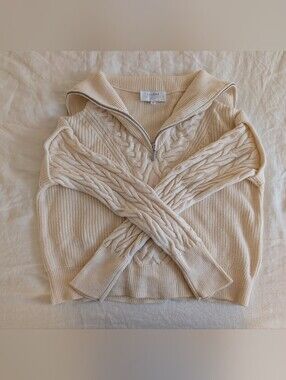 La Ligne Bastien Cream Cable-Knit Quarter-Zip Turtleneck Sweater, XS